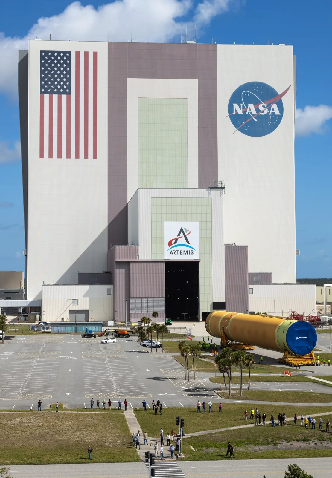 The Artemis III SLS core stage inside Kennedy Space Center’s Vehicle Assembly Building in late April 2026 as teams prepare Moon rocket assembly; NASA photograph.