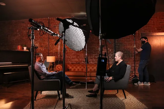 A television interview being filmed in a studio with two chairs and a camera — illustrative imagery of Benjamin Netanyahu's 60 Minutes interview with CBS News' Major Garrett, recorded the day before broadcast and aired on Sunday May 10, 2026 as the Israeli prime minister's first U.S. television interview since the February 28, 2026 outbreak of the U.S.-Israel-Iran war.